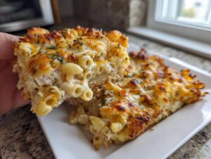 A hand lifts a cheesy, baked slice of creamy tuna pasta bake topped with browned cheese and parsley.