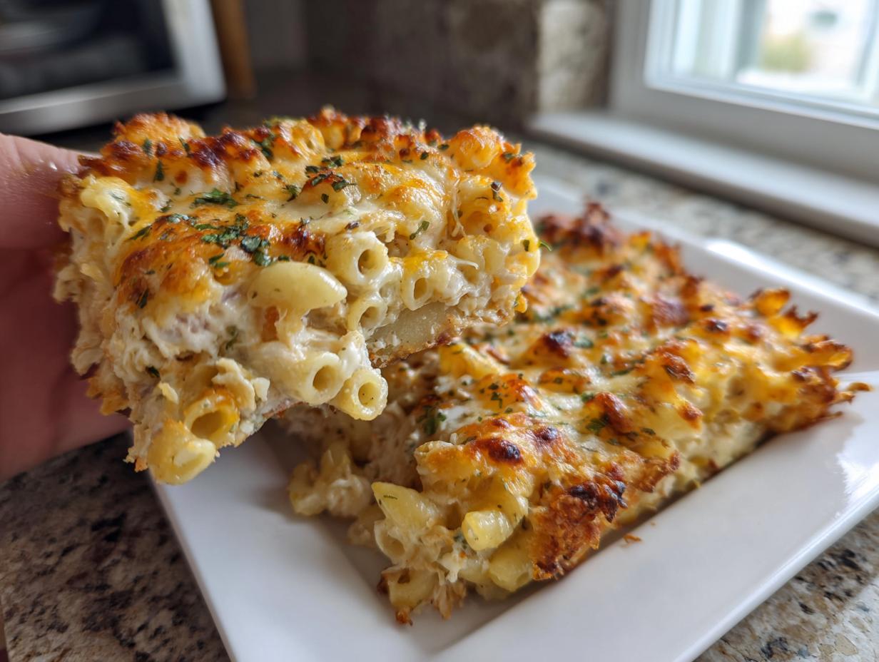 A hand lifts a cheesy, baked slice of creamy tuna pasta bake topped with browned cheese and parsley.