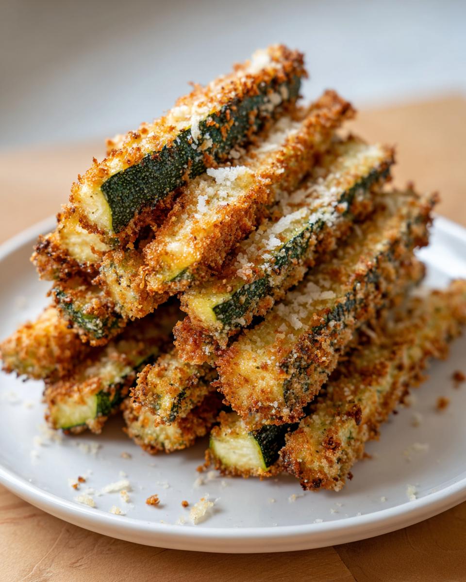 A stack of golden brown, crispy air fryer zucchini fries sprinkled with Parmesan cheese on a white plate.
