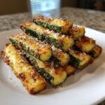 A stack of golden brown, crispy air fryer zucchini sticks sprinkled with grated Parmesan cheese on a white plate.