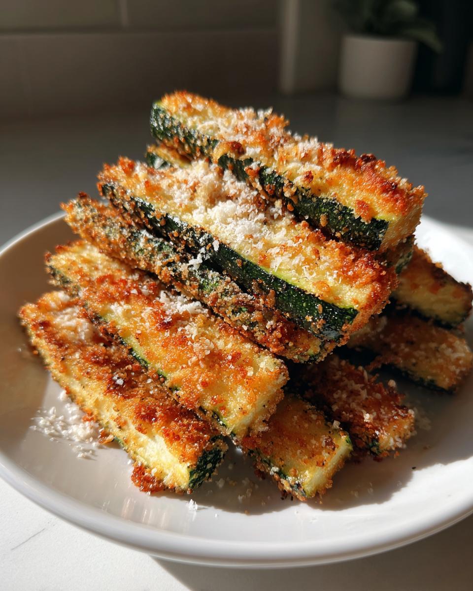 A stack of golden brown, breaded air fryer zucchini sticks sprinkled with grated Parmesan cheese.