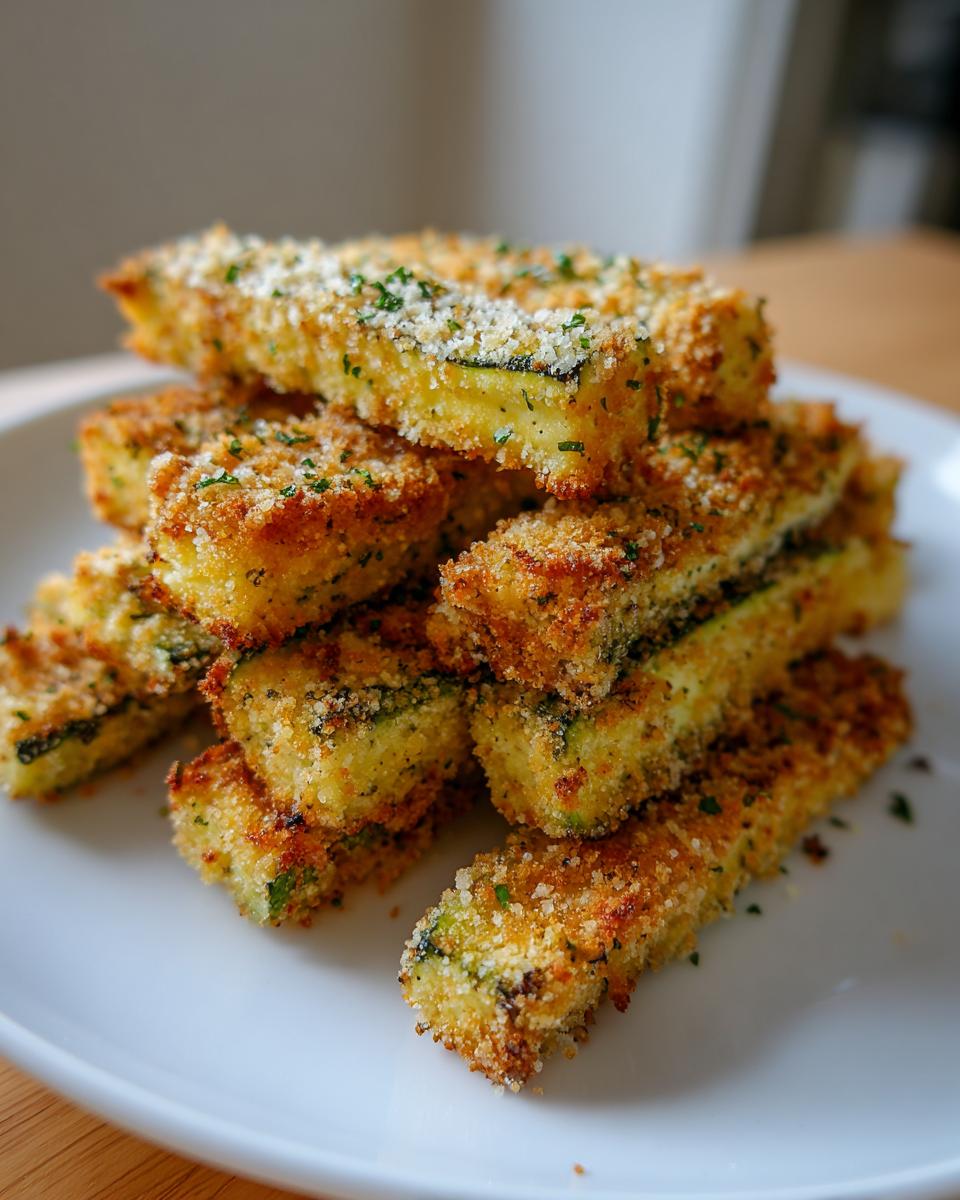 A close-up of a stack of golden brown, crispy air fryer zucchini sticks sprinkled with parmesan and parsley.
