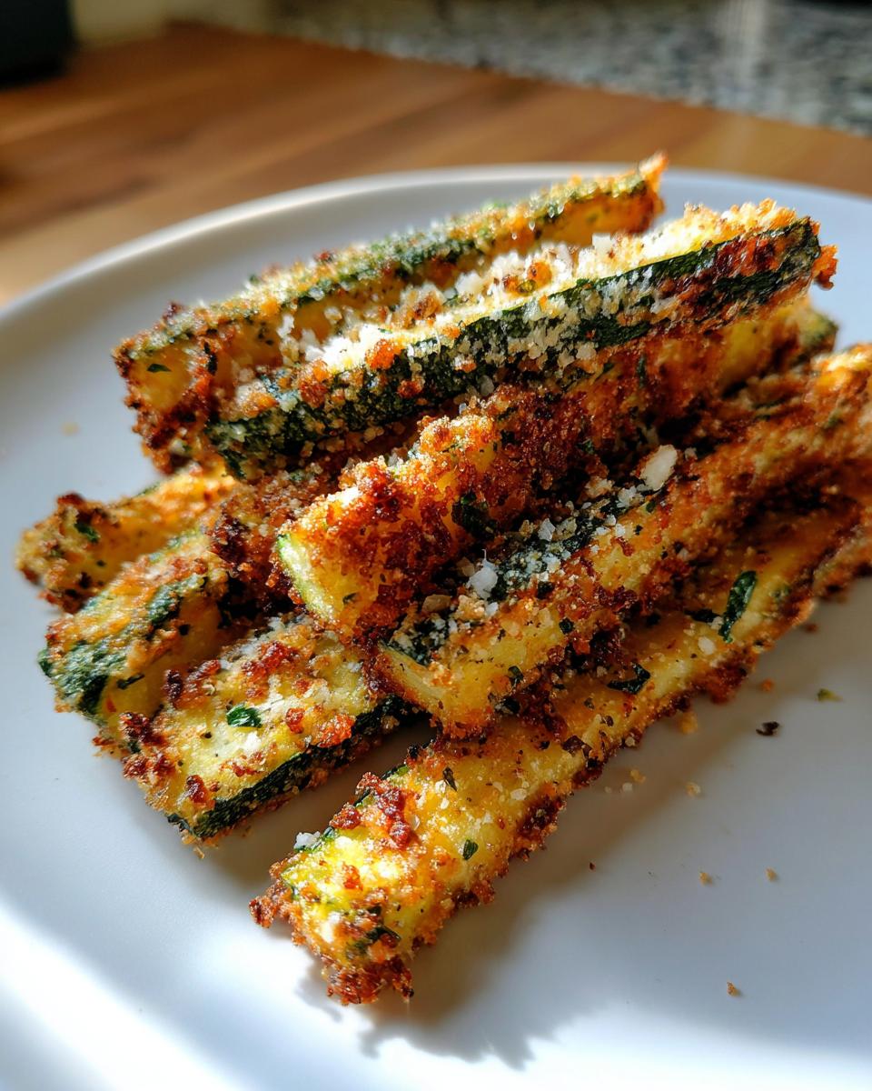 Close-up of golden brown, breaded air fryer zucchini sticks topped with grated Parmesan cheese.