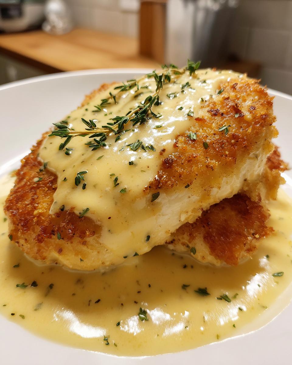 Close-up of crispy breaded Dijon chicken breast smothered in a creamy Dijon sauce and garnished with fresh thyme.