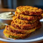 A tall stack of perfectly golden, crispy fried green tomatoes served on a white plate with dipping sauce.