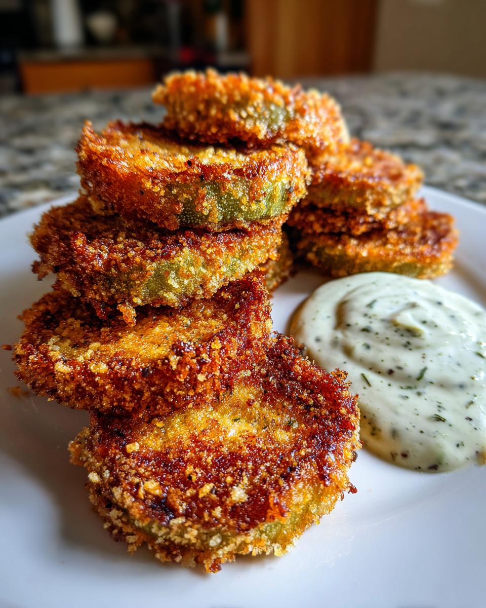 A close-up stack of golden brown, crispy fried green tomatoes served with a side of creamy dipping sauce.