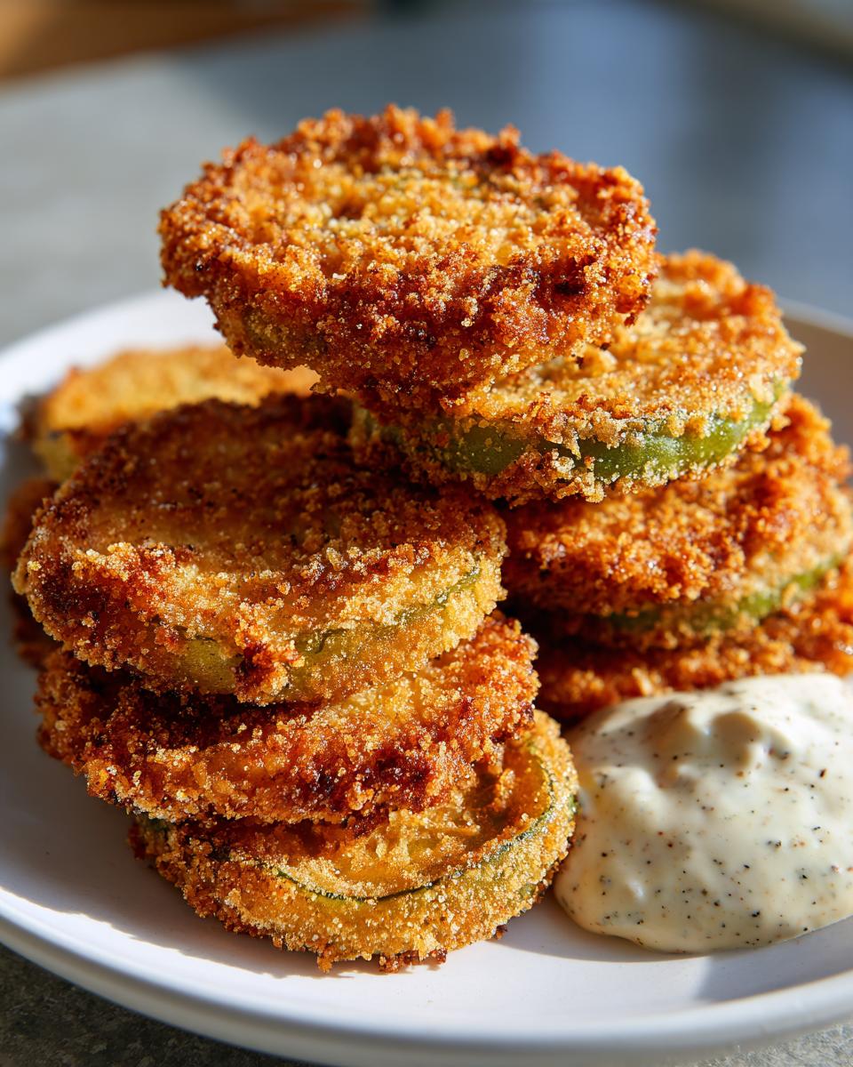 A tall stack of golden brown, crispy fried green tomatoes served next to a dollop of creamy dipping sauce.