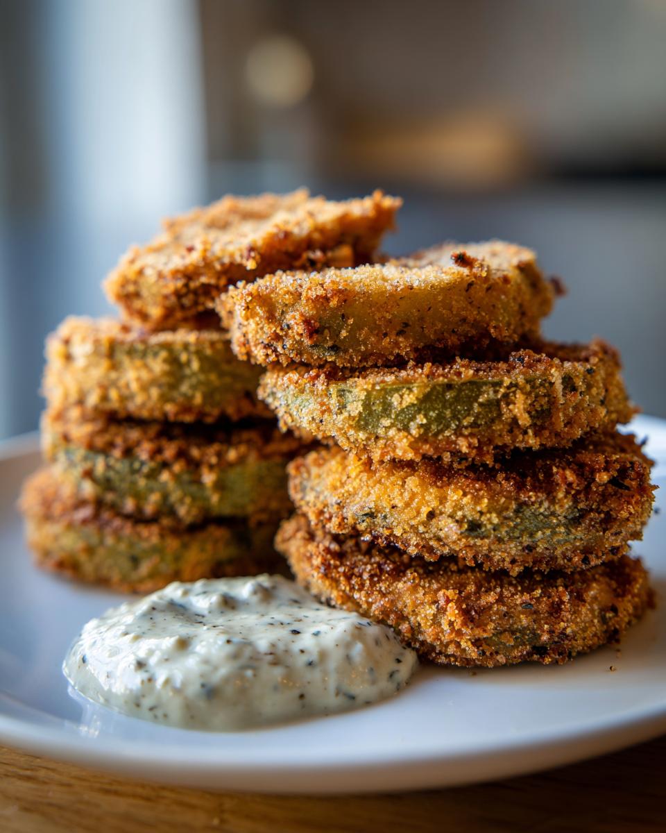 Close-up of a tall stack of golden brown fried green tomatoes served with a dollop of creamy dipping sauce.