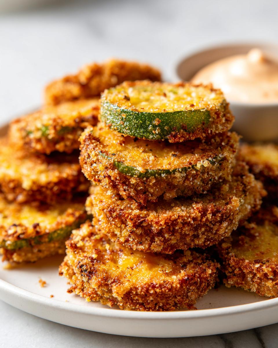 A close-up stack of golden brown, crispy fried green tomatoes served on a white plate with dipping sauce.
