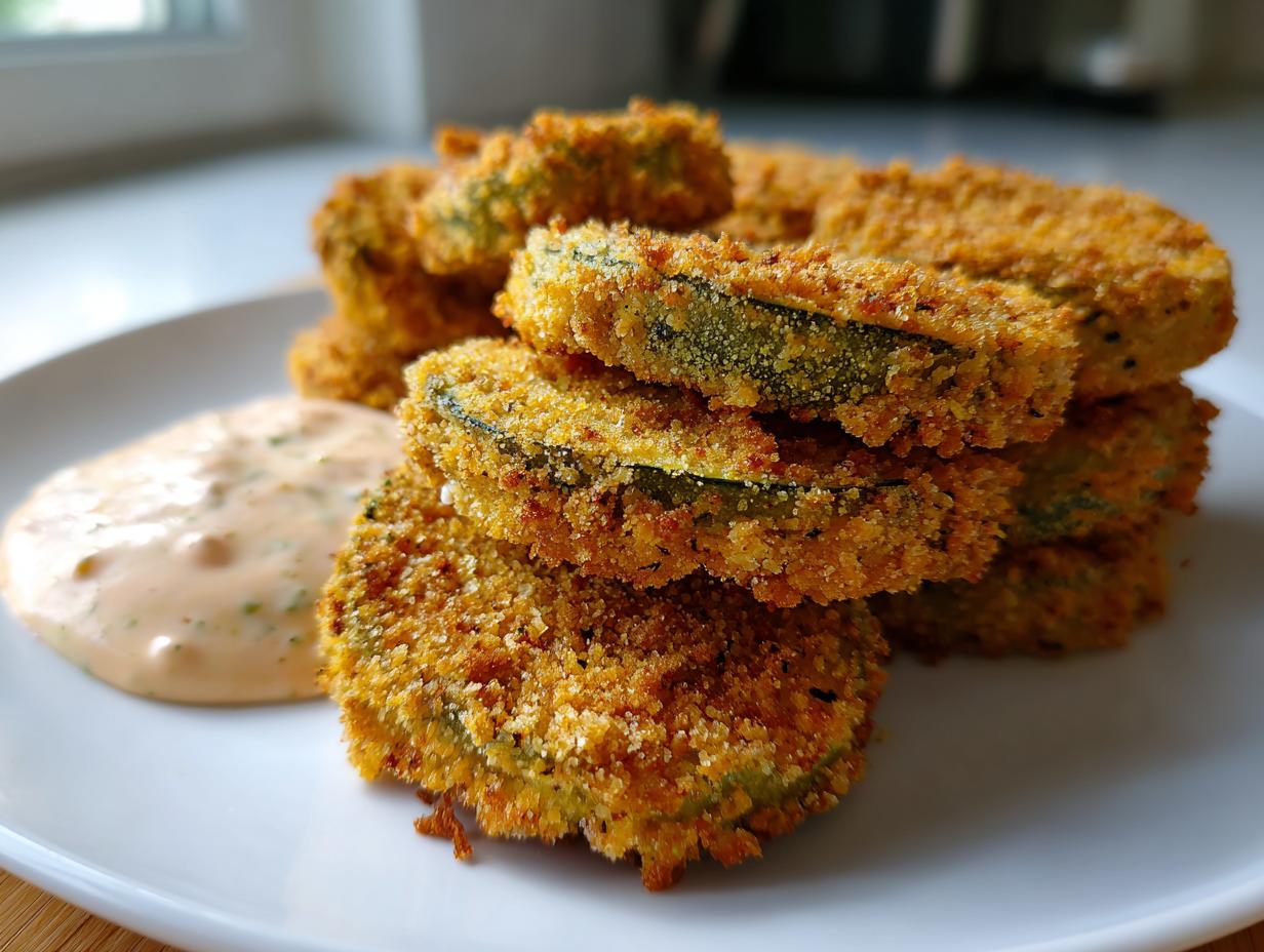 A stack of golden, crispy fried green tomatoes served with a side of creamy dipping sauce.