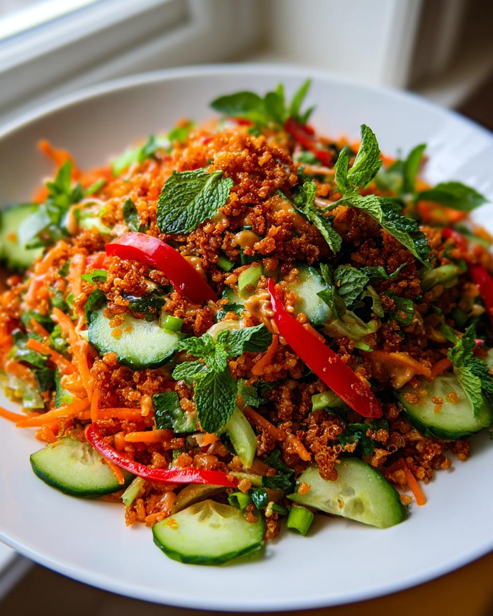 A vibrant bowl of crispy rice salad featuring crunchy brown rice, sliced cucumbers, shredded carrots, and fresh mint leaves.