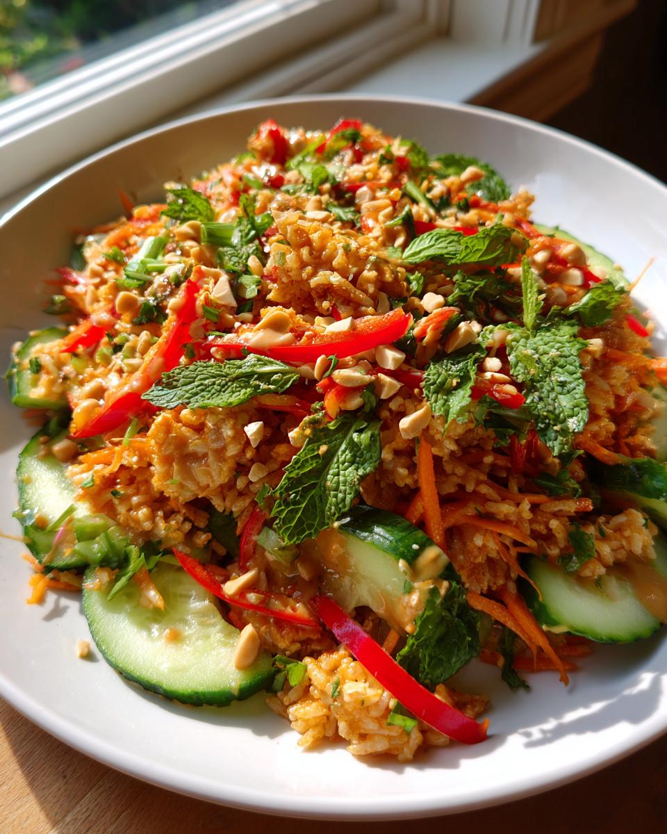 Close-up of a vibrant crispy rice salad featuring crunchy rice, cucumber slices, mint, and peanuts.
