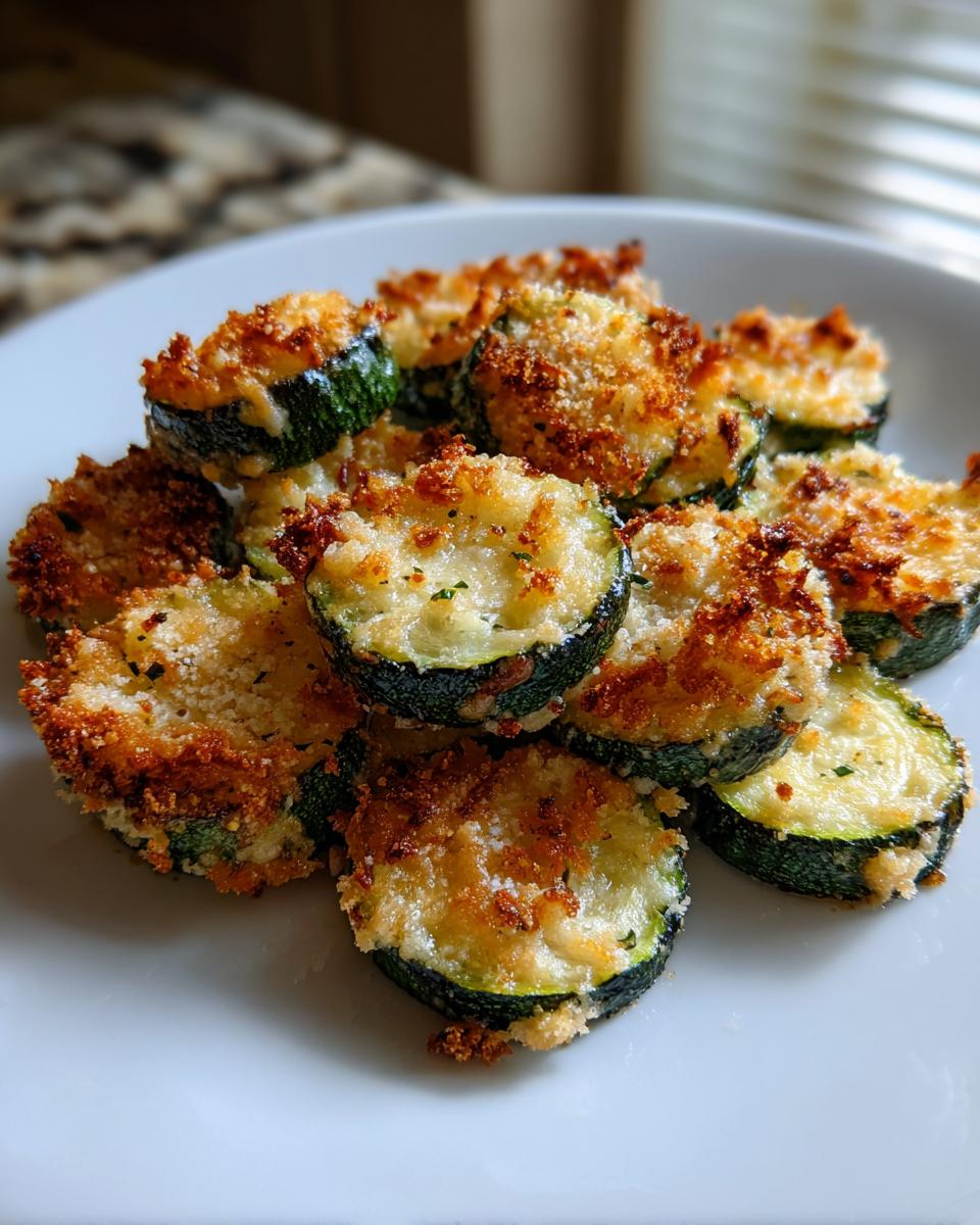 A pile of crispy, golden-brown roasted zucchini slices topped with breadcrumbs and cheese.
