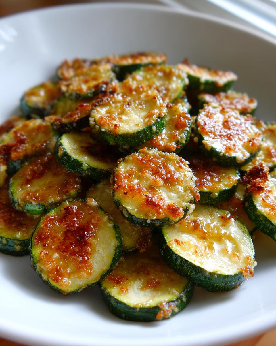 Close-up of golden brown, cheesy roasted zucchini slices piled high on a white plate.