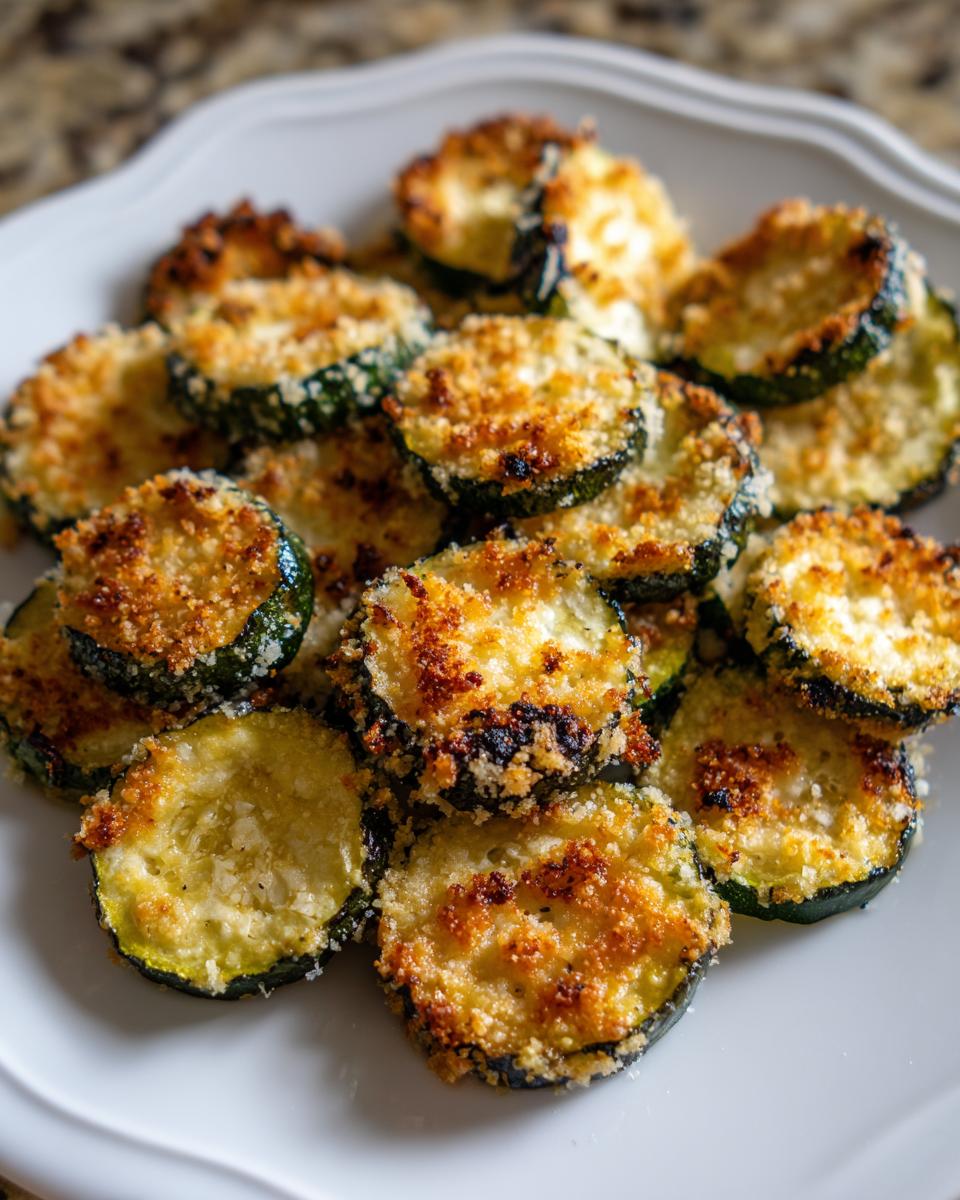 Close-up of crispy, golden-brown roasted zucchini slices topped with breadcrumbs and cheese.