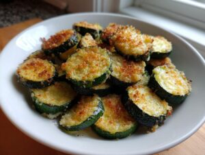 A white bowl filled with crispy, oven-browned slices of roasted zucchini topped with breadcrumbs and cheese.