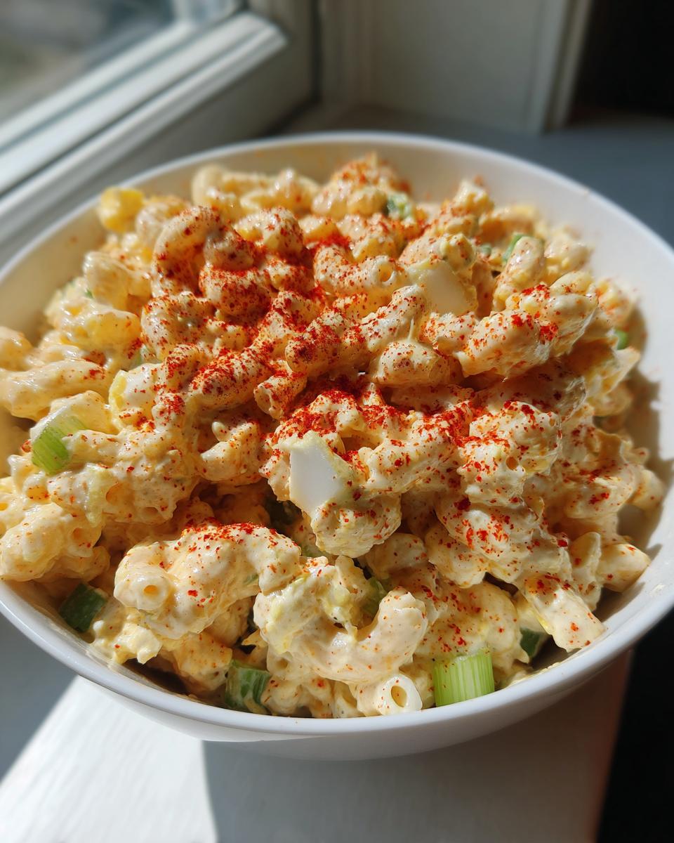 Close-up of a creamy deviled egg pasta salad in a white bowl, topped generously with bright red paprika.