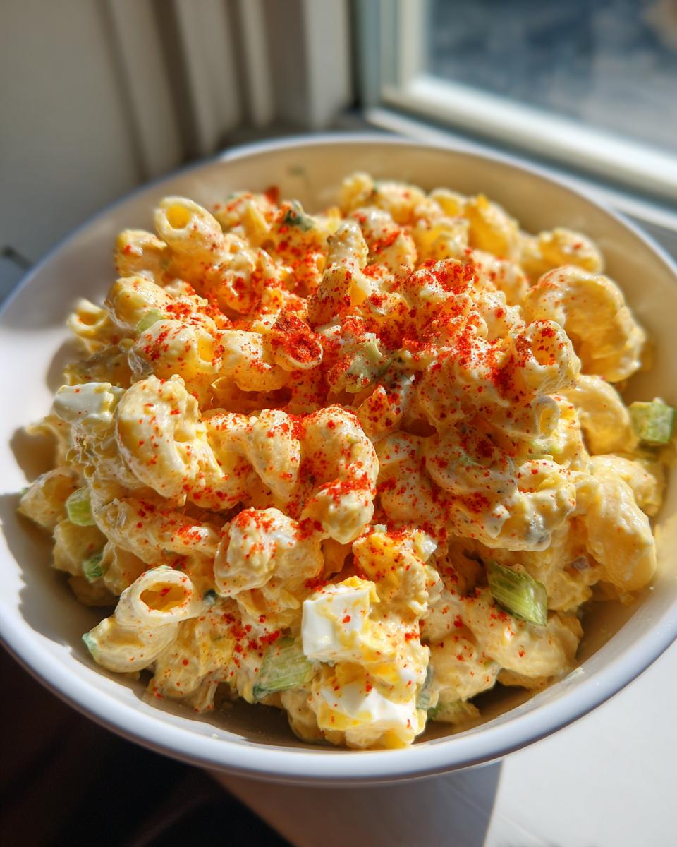A close-up of creamy deviled egg pasta salad in a white bowl, topped generously with bright red paprika.