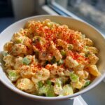 Close-up of creamy deviled egg pasta salad mixed with celery and topped generously with bright red paprika.