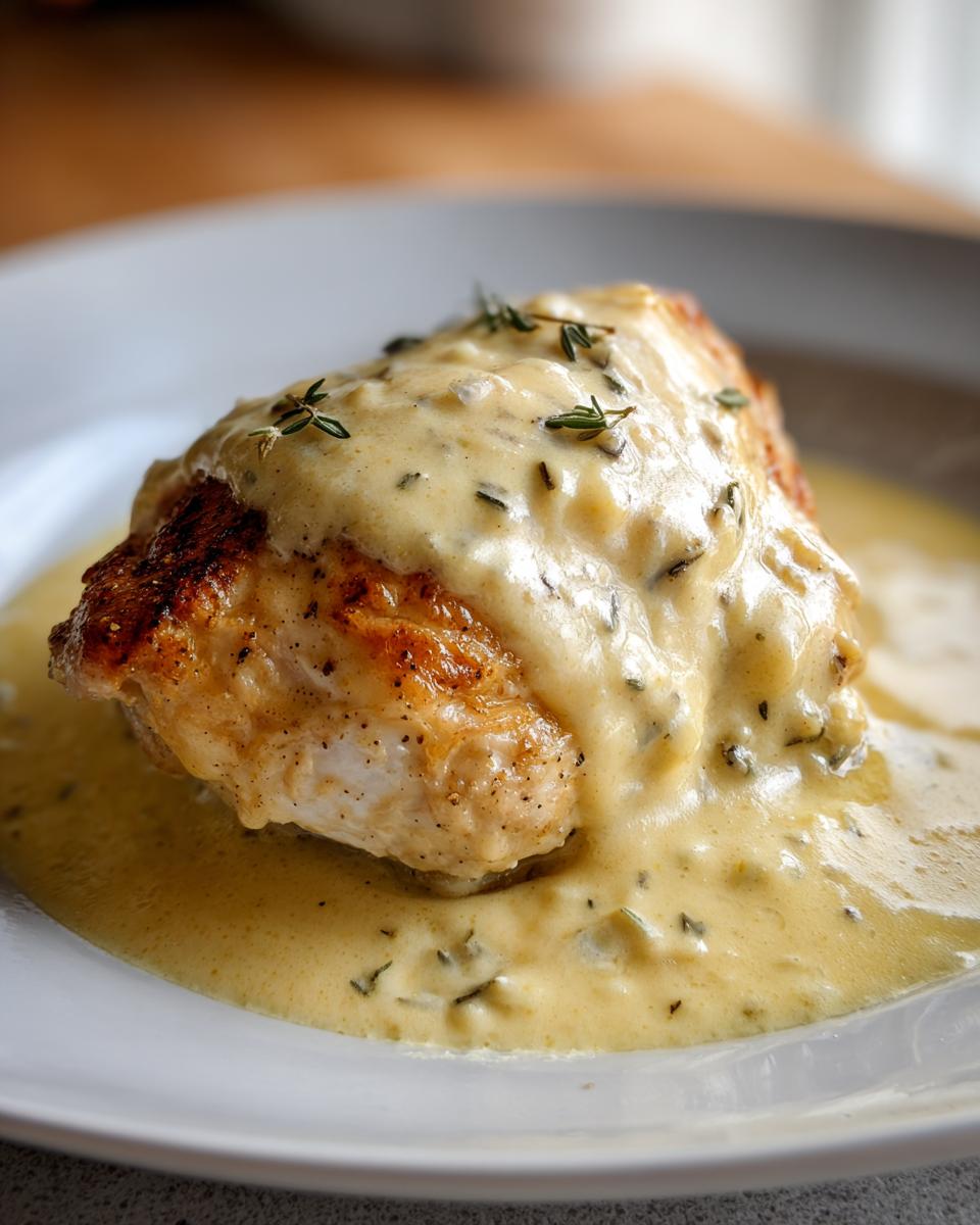 Close-up of a seared chicken breast smothered in creamy Dijon sauce and garnished with thyme.