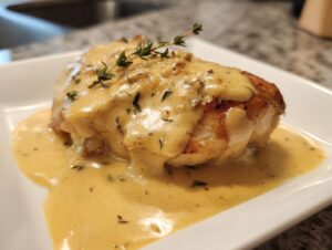 A perfectly cooked chicken breast smothered in a creamy Dijon sauce and garnished with fresh thyme.