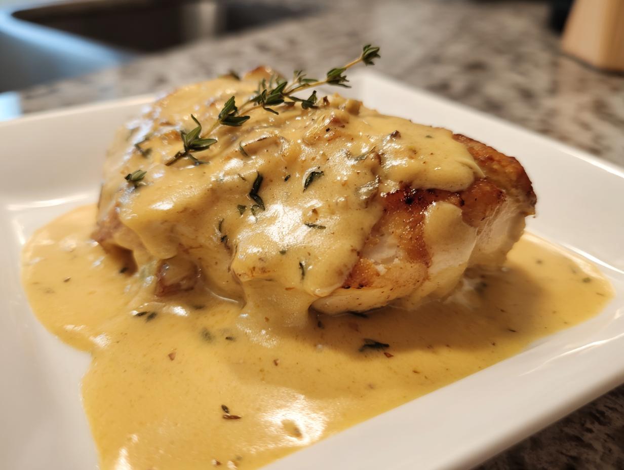A perfectly cooked chicken breast smothered in a creamy Dijon sauce and garnished with fresh thyme.
