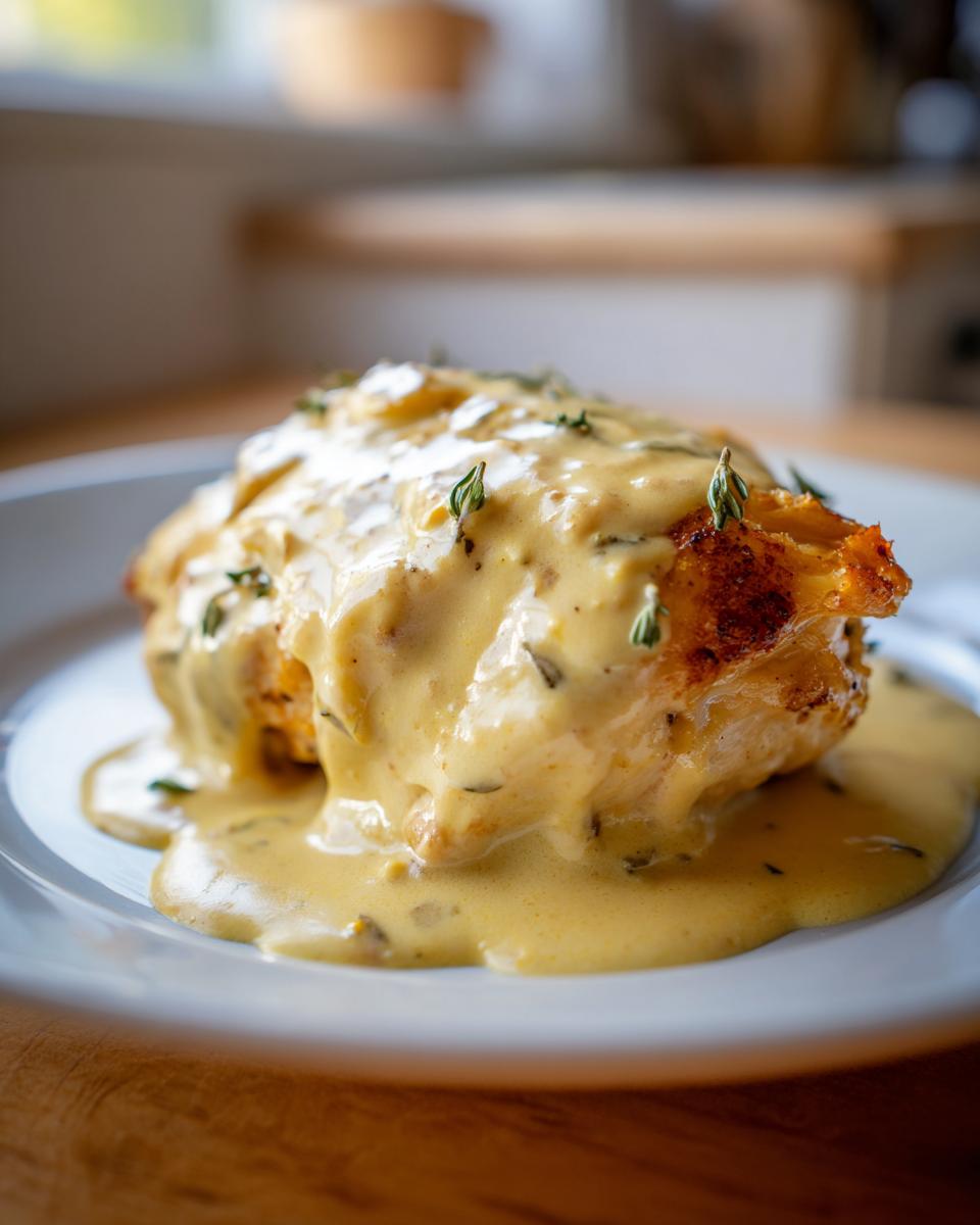 A close-up of a perfectly cooked dijon chicken breast smothered in a creamy yellow sauce and topped with fresh thyme.