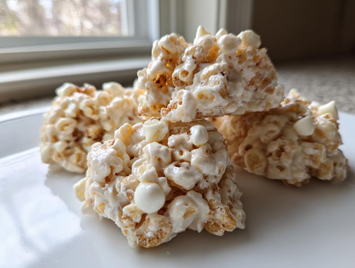 A stack of three homemade avalanche cookies made with popcorn and white chocolate chips, sitting on a white plate.