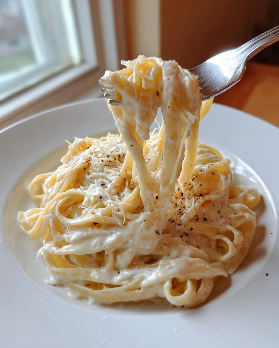A fork lifting creamy fettuccine noodles coated in rich olive garden alfredo sauce, topped with Parmesan and pepper.