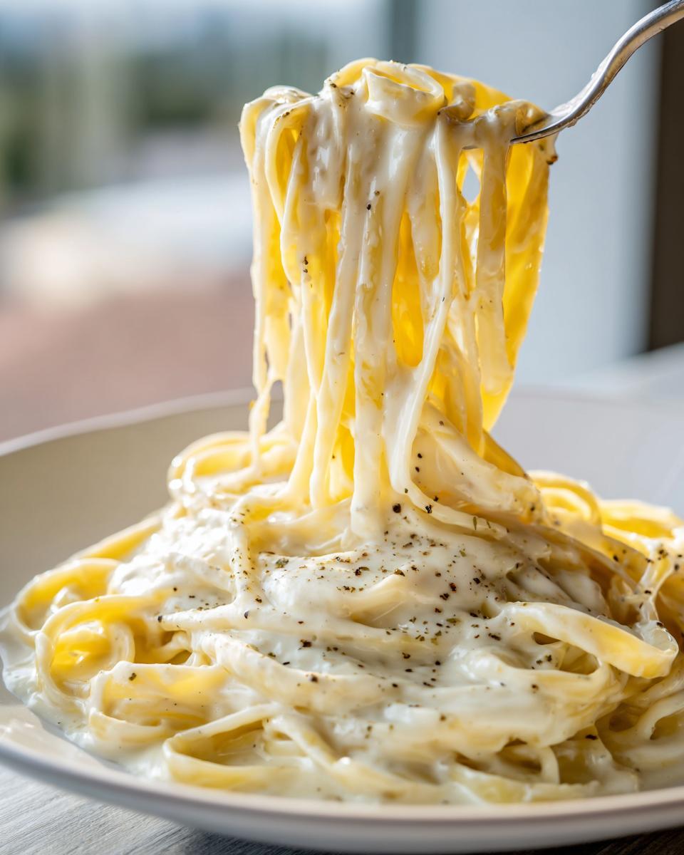 Close-up of fettuccine pasta being lifted from a bowl, coated in creamy olive garden alfredo sauce and black pepper.
