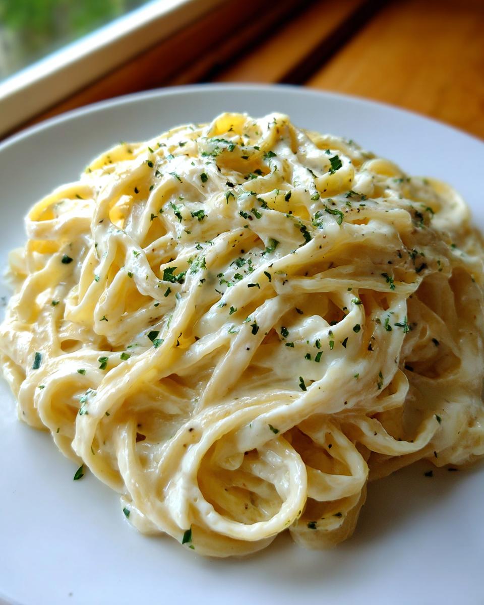 Close-up of fettuccine pasta coated in creamy Olive Garden Alfredo sauce and topped with parsley.