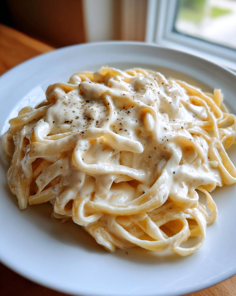 Close-up of fettuccine pasta generously coated in creamy olive garden alfredo sauce and topped with black pepper.