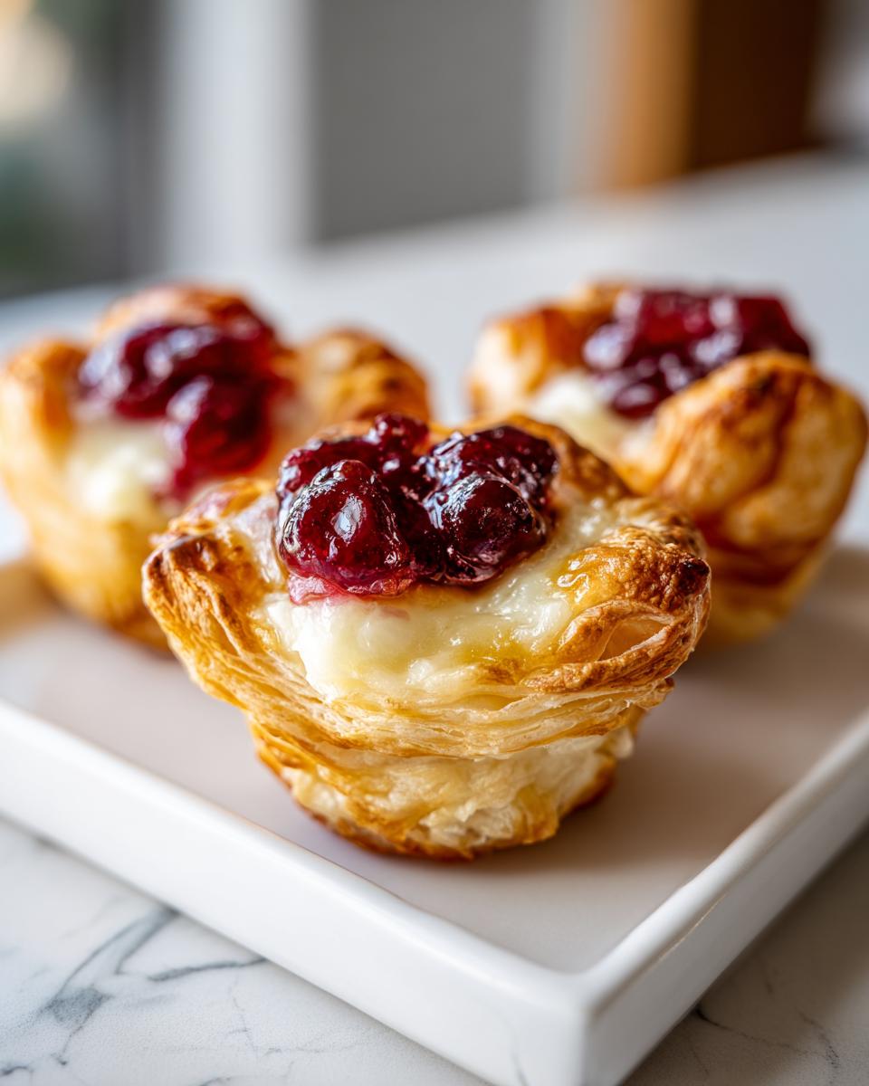Three golden, flaky puff pastry brie bites topped with melted brie and a dollop of dark red jam.