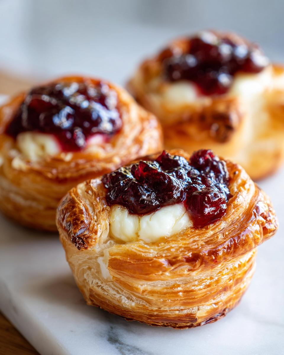 Close-up of three golden, flaky pastry brie bites topped with melted brie and dark berry jam.