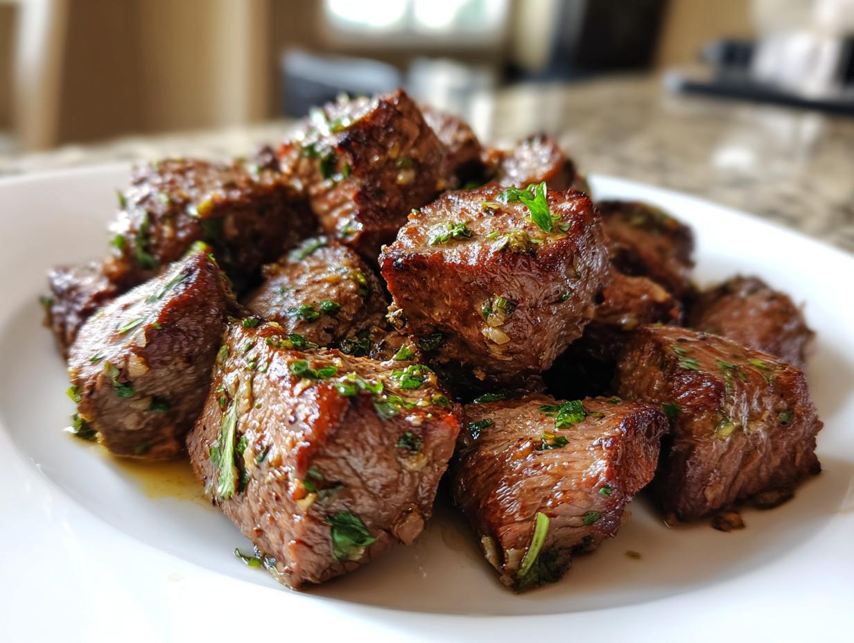 Close-up of juicy, seared steak bites seasoned with garlic and parsley served on a white plate.