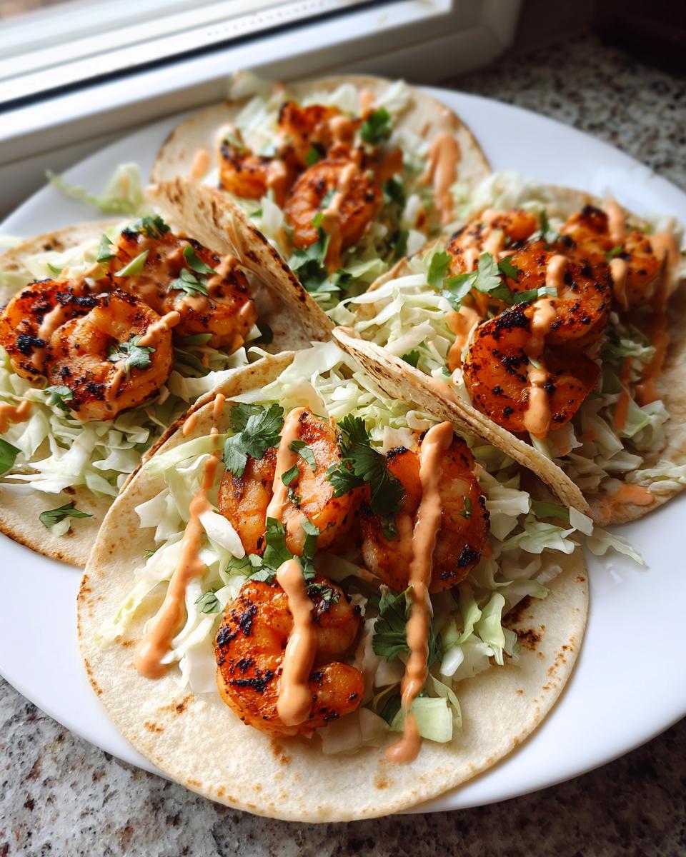 Four fully assembled shrimp taco on soft tortillas with shredded cabbage, grilled shrimp, and a drizzle of sauce.