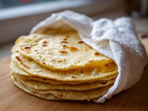 A stack of warm, freshly cooked corn tortillas wrapped partially in a white cloth on a wooden surface.