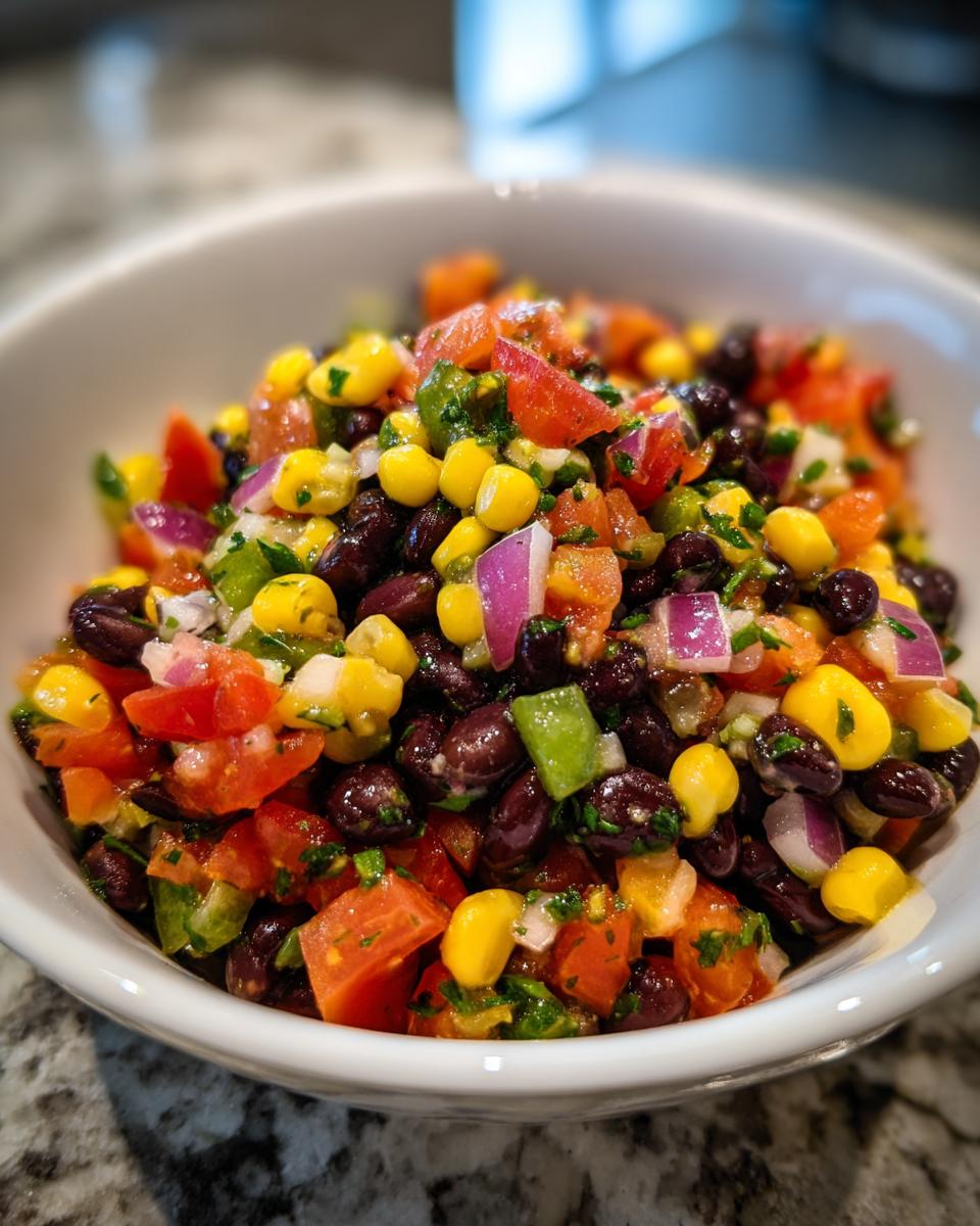 Close-up of vibrant cowboy caviar recipe featuring black beans, corn, tomatoes, and red onion in a white bowl.