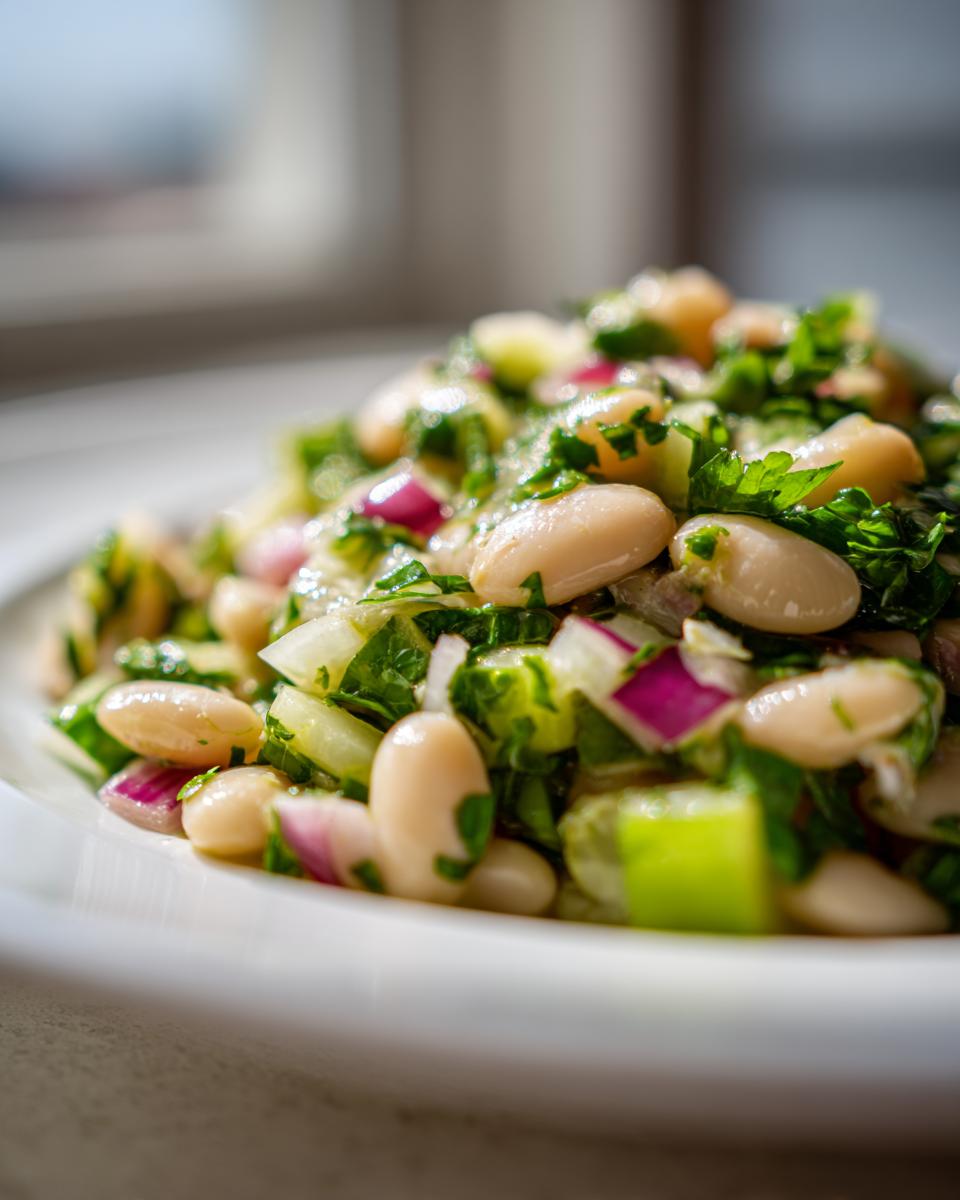 Close-up of a vibrant white bean salad featuring cannellini beans, chopped parsley, and diced red onion.