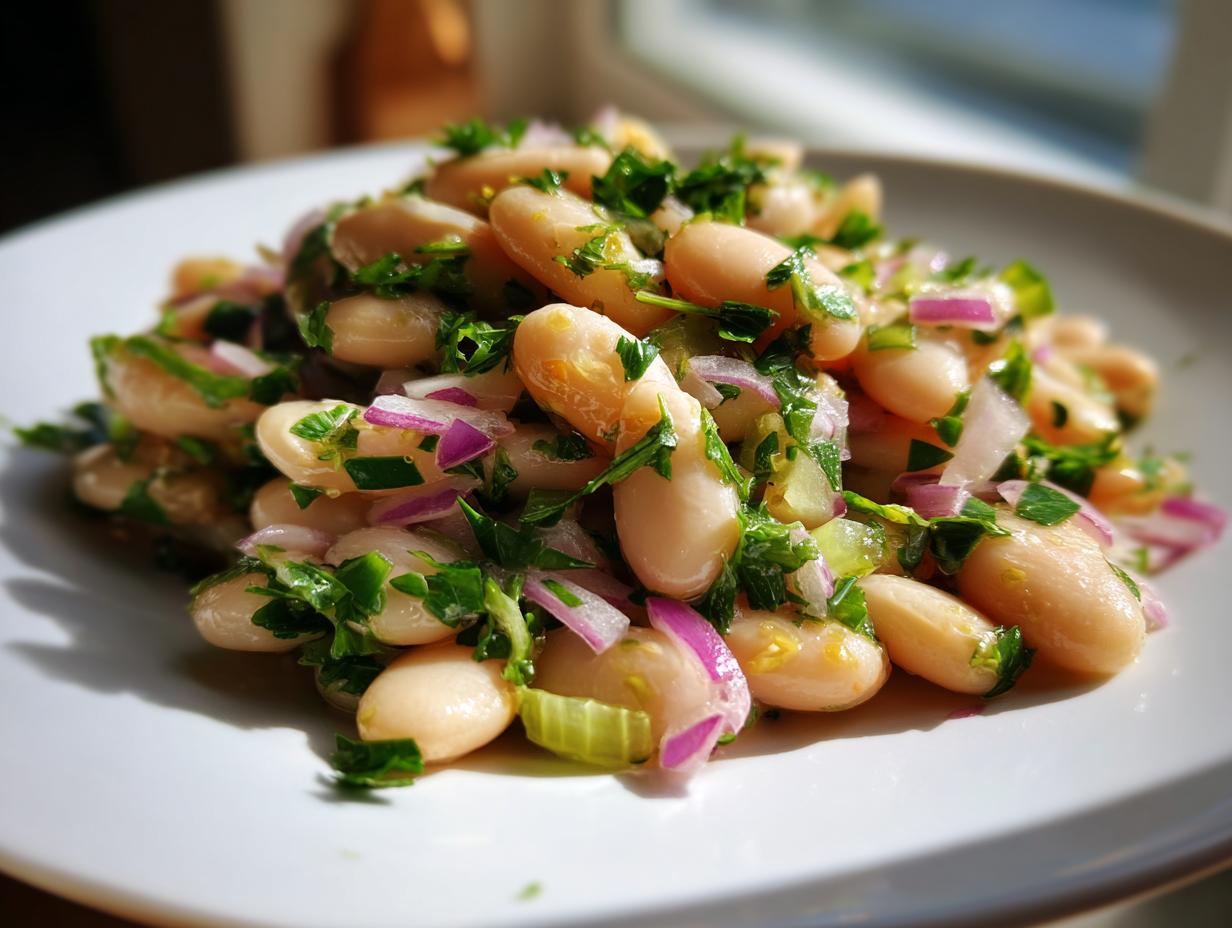 A close-up serving of vibrant white bean salad mixed with chopped red onion and fresh parsley.