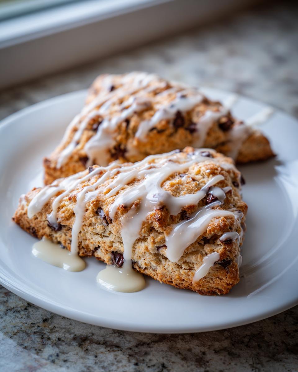 Two triangular chocolate chip scones drizzled generously with white vanilla glaze, served on a white plate.