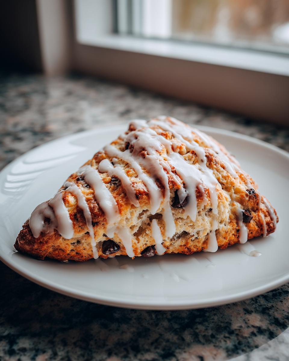 A freshly baked, triangular chocolate chip scone drizzled generously with white vanilla glaze.
