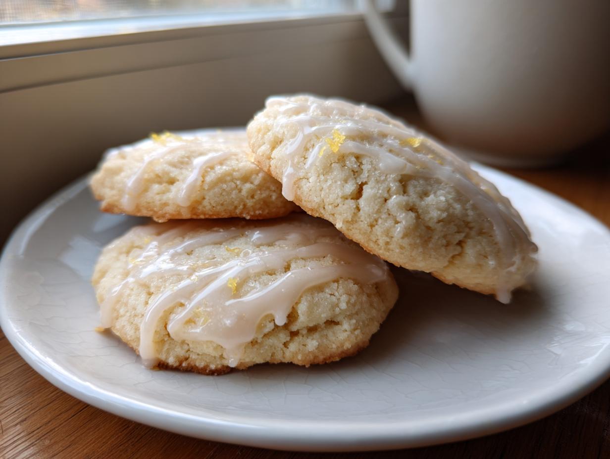 A stack of three soft, glazed london fog cookies resting on a white plate near a window.