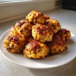 A pile of freshly baked, golden brown sausage balls stacked high on a white plate.