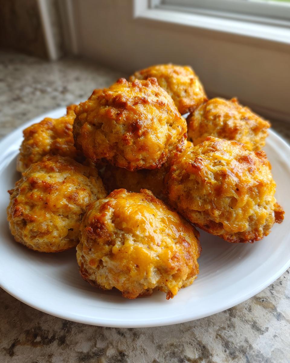 A pile of freshly baked, cheesy sausage balls with a golden-brown crust served on a white plate.
