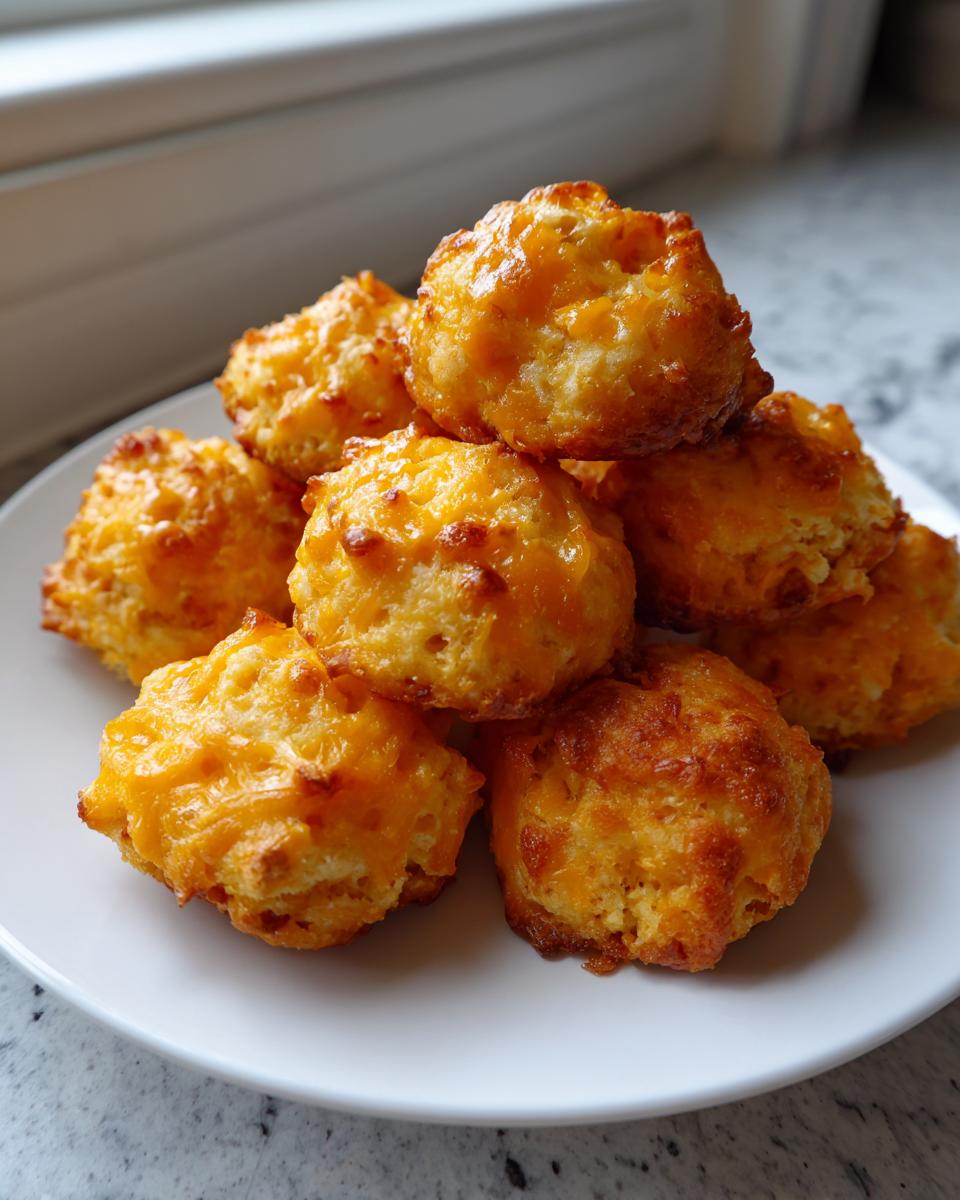 A stack of golden brown, cheesy sausage balls piled high on a white serving plate.