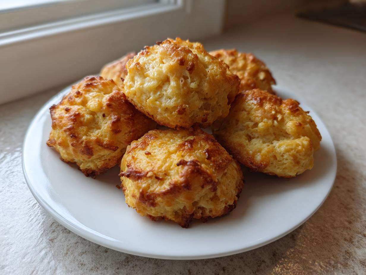 A small stack of golden brown, cheesy sausage balls piled on a white plate near a window.