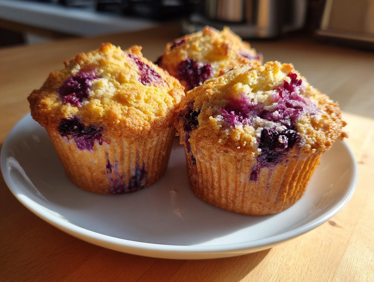 Three golden-brown cottage cheese muffins studded with dark purple blueberries served on a white plate.