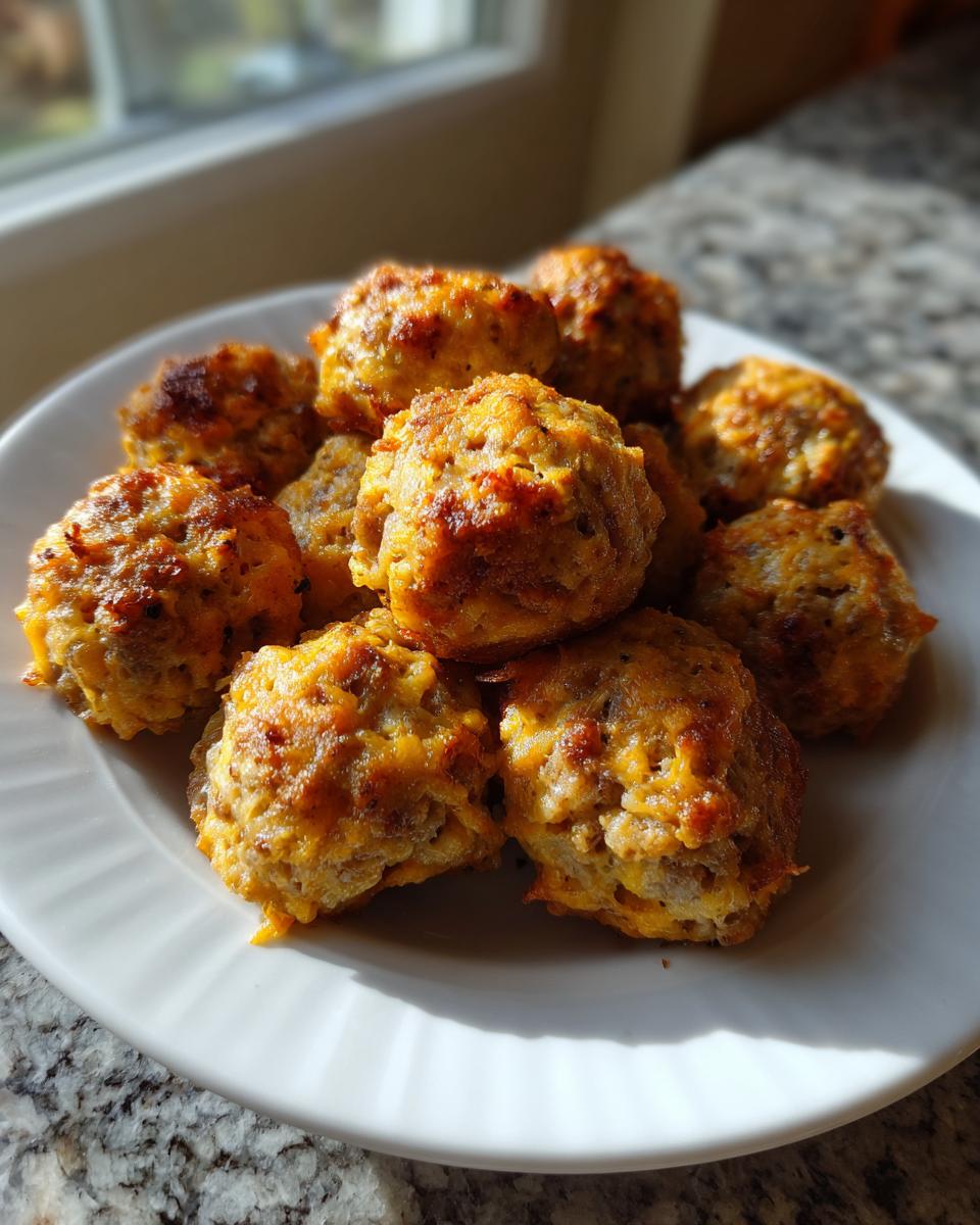 A mound of freshly baked, golden brown sausage balls piled high on a white plate near a window.