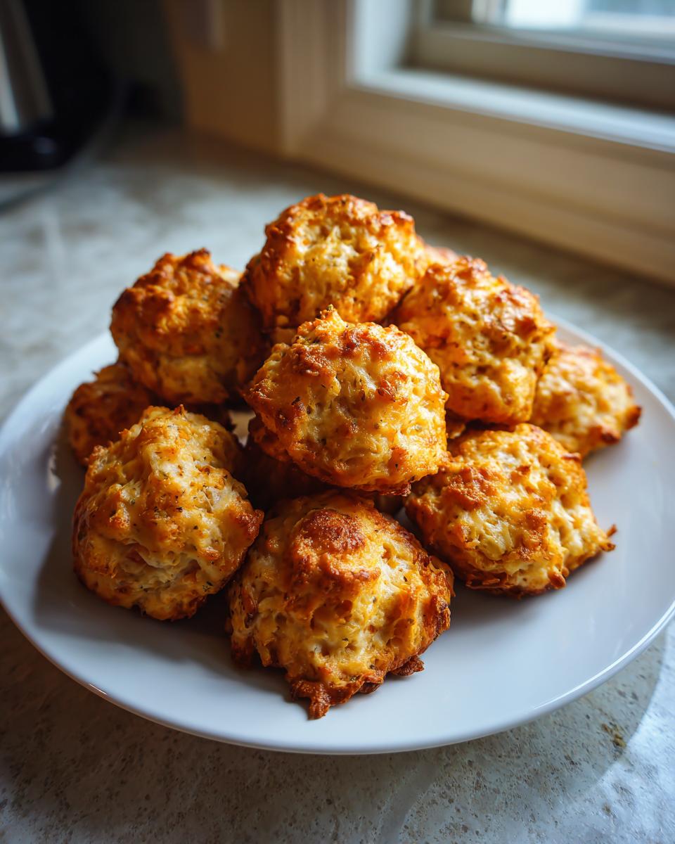 A white plate piled high with freshly baked, golden brown sausage balls, ready to serve.